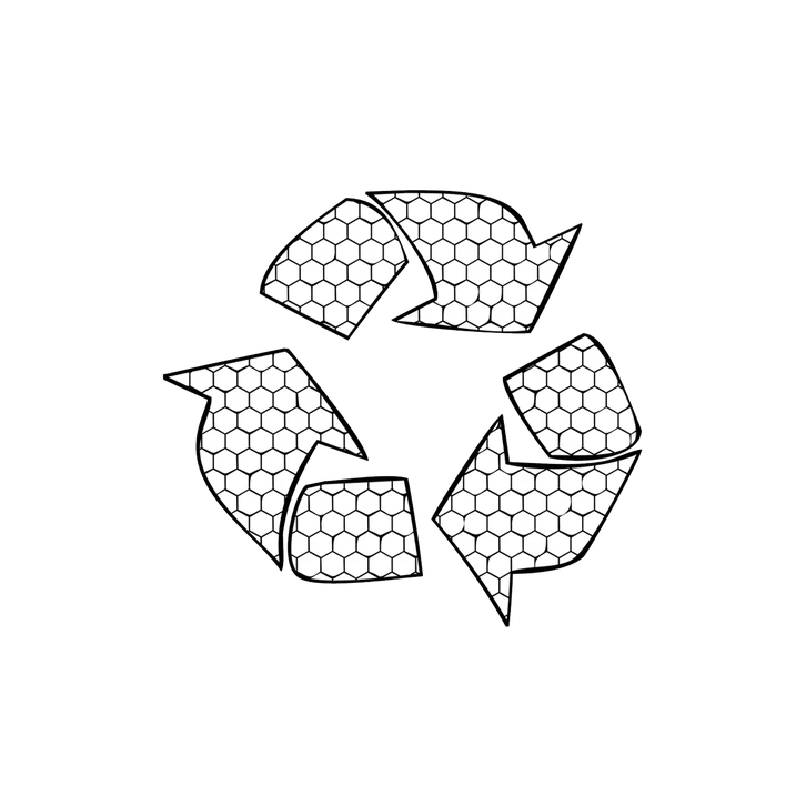 Symbole de recyclage stylisé en noir et blanc avec motif hexagonal rappelant une structure alvéolaire ou nid d'abeille à l'intérieur des flèches circulaires